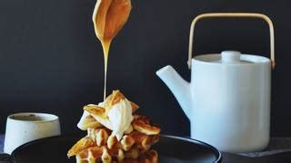 This healthy banana pancakes recipe is like having dessert for breakfast. Chestnut Flour Pancakes with Lady Finger Bananas - Maggie Beer