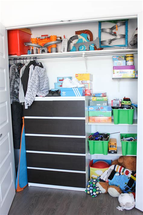 Which is why you can double up their closet and use it as toy storage by placing additional brackets and hooks on the door, and baskets on the shelves. Kids' Closet Makeover- Organization Tips - Kristeena Michelle