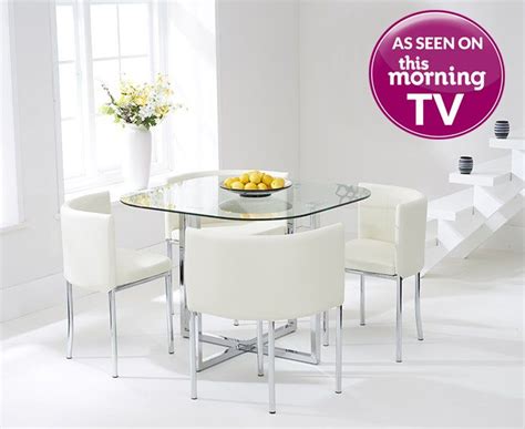 Algarve glass stowaway dining table with white high back stools. Buy the Algarve Glass Stowaway Dining Table with Cream ...