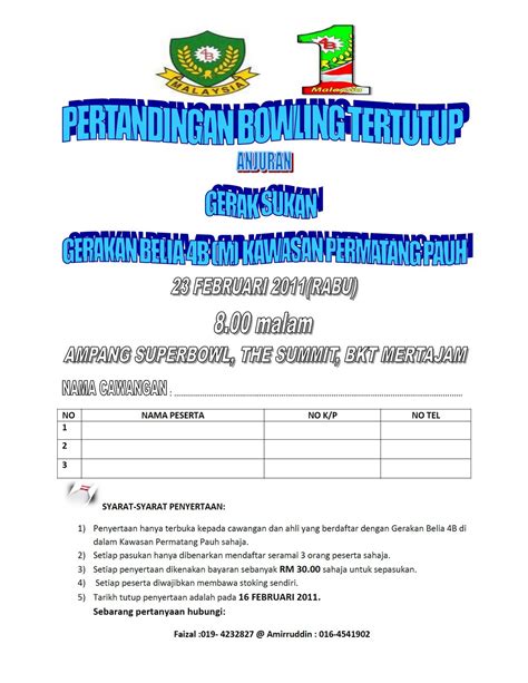 (tentative itinerary for timber) malaysian economic and technical mission for cocoa borang penyertaan pertandingan menulis surat kepada perdana menteri tulis satu lembaran surat kepada perdana menteri malaysia. GERAKAN BELIA 4B PERMATANG PAUH: PERTANDINGAN BOWLING ...