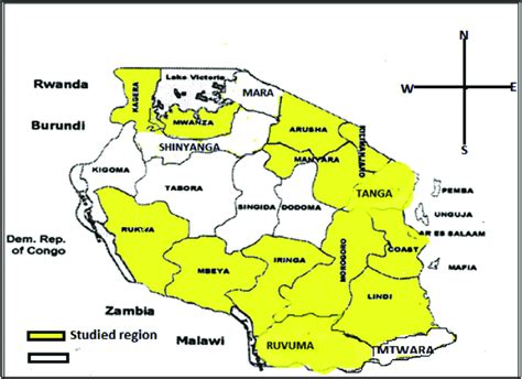 Physical map of tanzania showing major cities, terrain, national parks, rivers, and surrounding countries with international borders and outline maps. Map of Tanzania with highlighted provinces showing the regions included... | Download Scientific ...