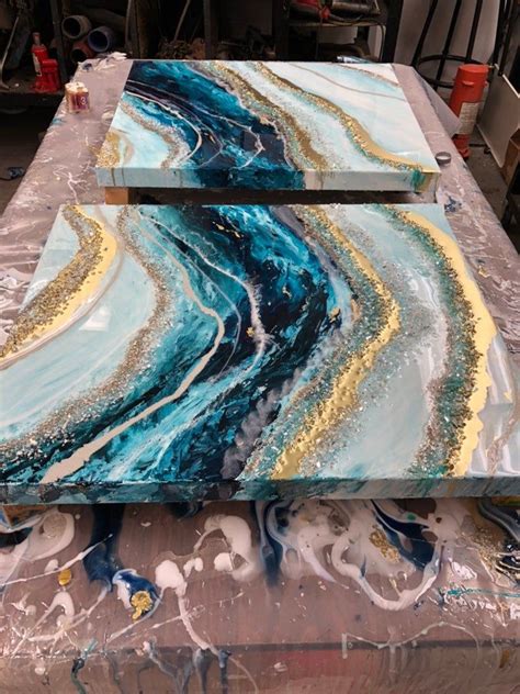 Now just stand back and enjoy that amazing artwork that you made. Set of 2 Teal blue and gold geode style epoxy resin ...