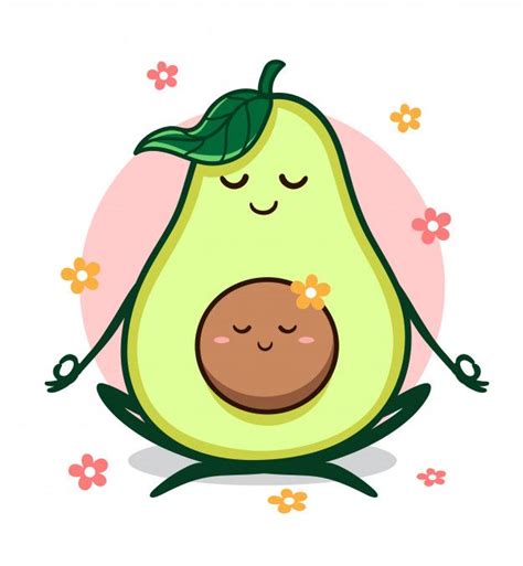 Cute cartoon avocado in yoga pose, eating healthy food and fitness, funny fruit character happy strong avocado meditate in yoga. Yoga Avocado | Avocado cartoon, Avocado art, Cute drawings