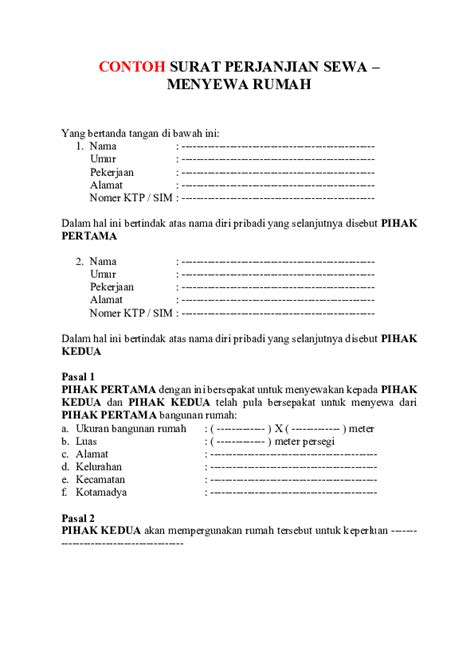 Untuk menghindari kesalahpahaman dalam dunia sewa menyewa rumah antara kedua belah pihak maka diperlukan surat perjanjian sewa menyewa rumah yang biasa disebut dengan istilahnya hitam diatas putih. (PDF) CONTOH SURAT PERJANJIAN SEWA | Dino Dino - Academia.edu