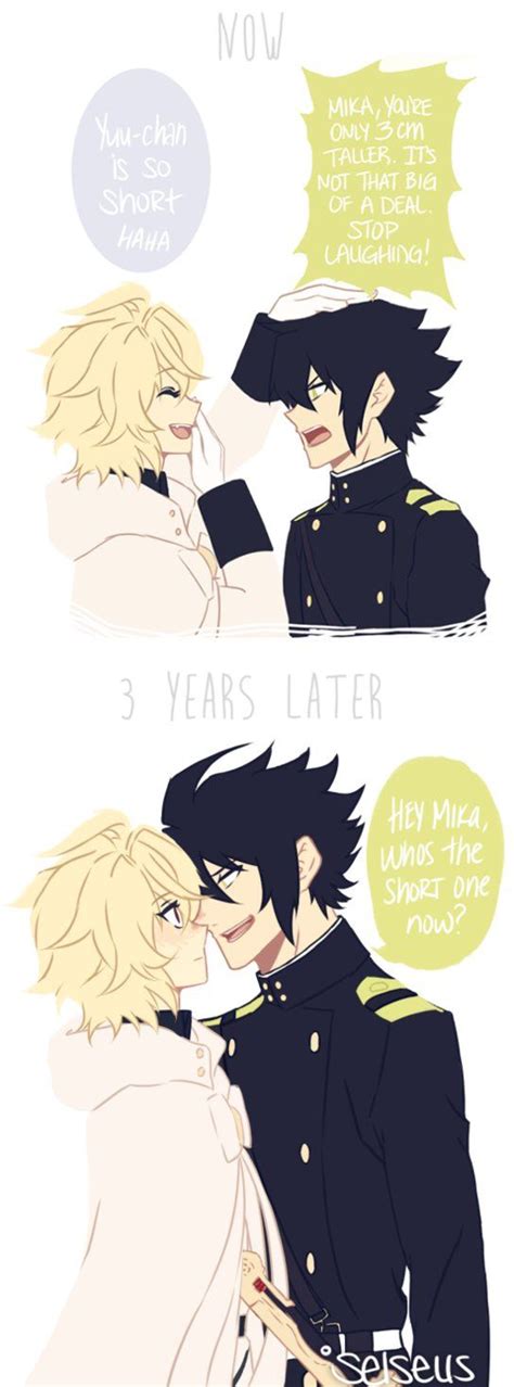 What people would call a cartoon (although im pretty sure there's a difference and some people would kill me for calling an anime a cartoon). YuuMika | MikaYuu Height Difference Comic | Owari no ...