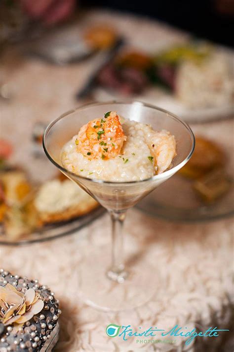 This awesome wooden display holds four glasses and has a slot in the middle for your bottle of choice. Wedding reception food Shrimp and grits in a martini glass ...