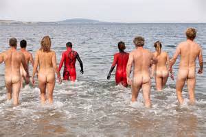 Nudist colony festival part 2. Nude swimmers enter Hobart's River Derwent to promote Dark ...