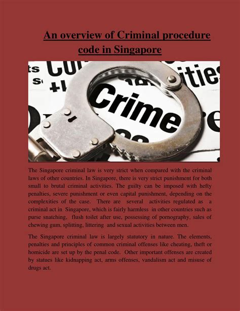 This webpage provides access to criminal codes of osce participating states. Facts about Criminal procedure code in Singapore. by Vende ...