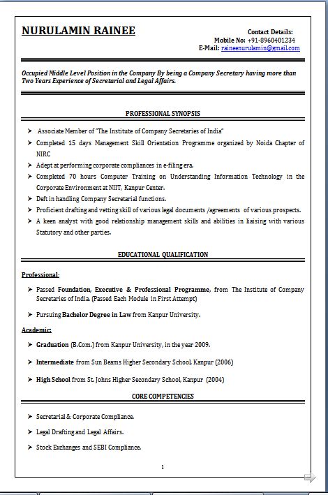 Company secretary cv sample, experience of liaising with regulators, lawyers and auditors, cv resume. Law Student Resume India - BEST RESUME EXAMPLES