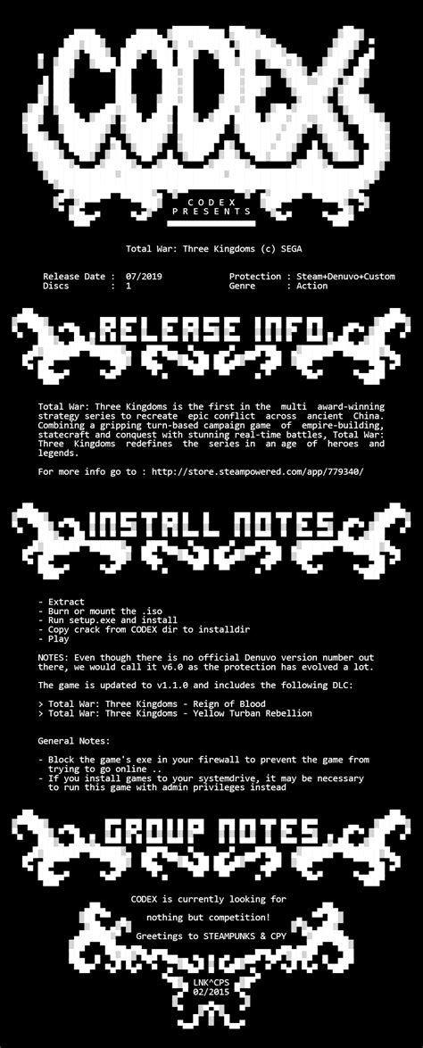 The game is updated to v1.1.0 and includes the following dlc: Total.War.Three.Kingdoms-CODEX : CrackWatch