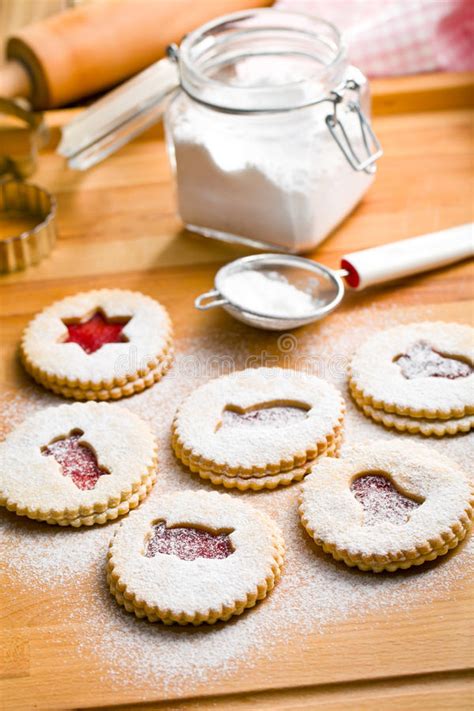 Cookies with strawberry jam, shortbread with strawberry jelly, closeup. Austrian Jelly Cookies : Grandmas Old Fashioned Soft Sugar ...