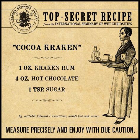 Black rum, amaretto liqueur, lemon juice, sugar syrup and chilled water. Cocoa Kraken | Drinks alcohol recipes, Kraken rum ...