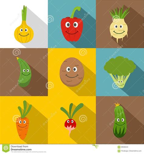 Happy Smiling Vegetables Icons Set, Flat Style Stock Vector ...