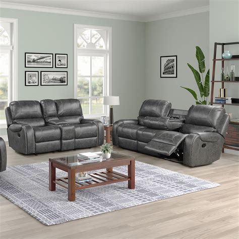 Also what type of style would you consider this? Achern Gray Leather-Air Nailhead Manual Reclining Sofa and ...