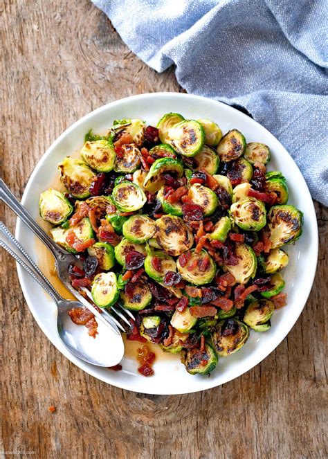 Pan fried brussels sprouts with bacon, cranberries and walnuts. Roasted Brussels Sprouts with Maple, Bacon and Cranberries ...