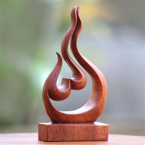 Hand Carved Suar Wood Heart and Flame Abstract Sculpture - Lover's 