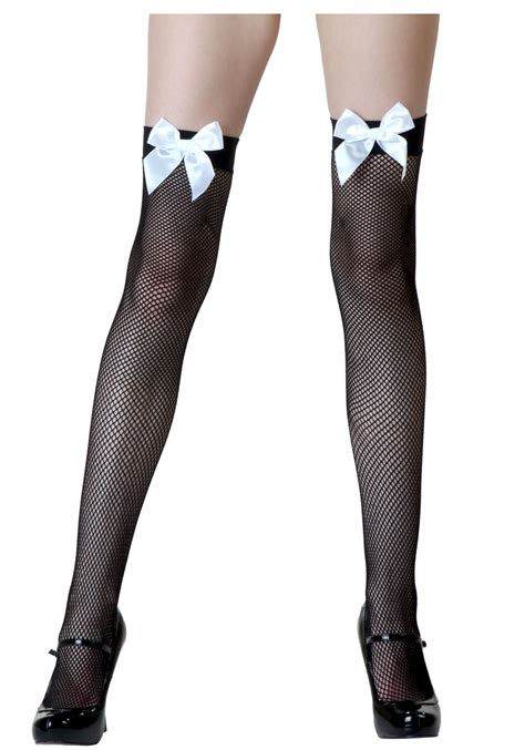 Fishnet stockings have a certain sexy, sophisticated appeal. Black Fishnet / White Bow Thigh Highs