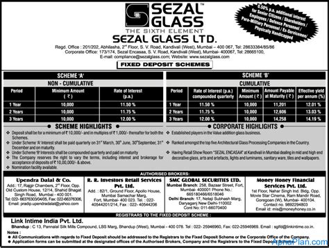 Fixed deposits (fd) have long been a popular investment option for many investors, particularly senior citizens. Sezal Glass Limited Fixed Deposit Scheme - Dec 2012