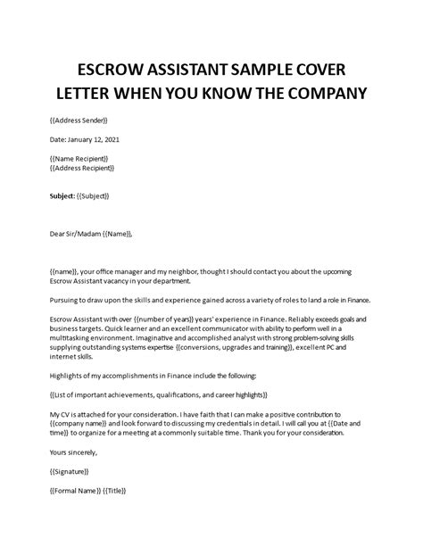 The header spotlights your name and title. Escrow Officer Cover letter