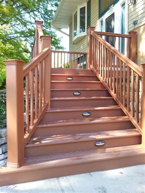 Timbertech accent lights are made to shine a warm white light downward on posts, between balusters, or near stairs. TimberTech stairs created by Backyard Images. Mountain ...