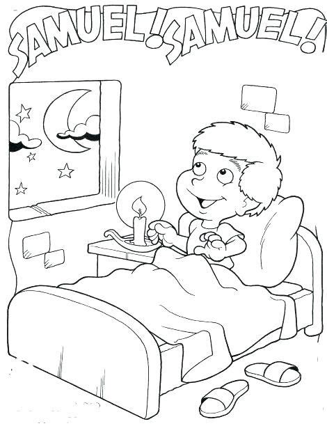 This line art illustration shows the story of young samuel while he lay in his bed listening for the voice of god. Samuel Hears God coloring page | Bible crafts sunday ...