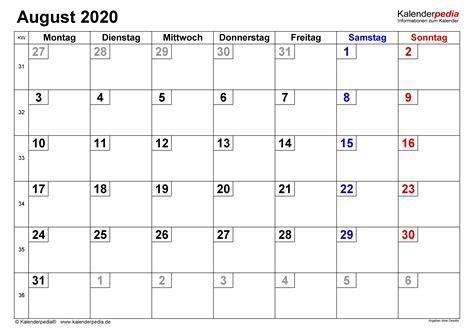 Informationen zu fotokalender 2021 (vorlagen für excel, word & pdf). Kalender August 2020 als Word-Vorlagen