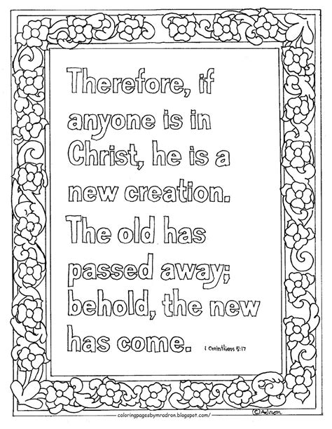 The coloring page includes the text of ii corinthians 5:17 from the niv bible, written in creative, colorable outline fonts. Printable Coloring page, New Creation Bible verse. 2 ...