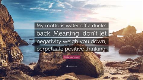 Water off a duck's back — used for saying that things such as criticisms or insults do not affect someone because they have dealt with a lot of them before all those things he said to me were just water off a duck s back … Jinkx Monsoon Quote: "My motto is water off a duck's back. Meaning: don't let negativity weigh ...