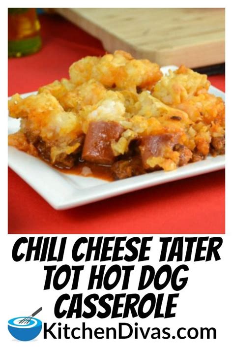 The making of a hot dog casserole recipe. This Chili Cheese Tater Tot Hot Dog Casserole is ...