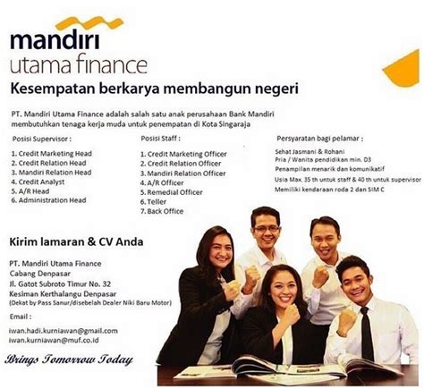 Salah satu fitur layanan yang dihadirkan bank untuk memudahkan aktivitas nasabah adalah mobile banking. Lowongan Kerja Lowongan Kerja PT. Mandiri Utama Finance ...