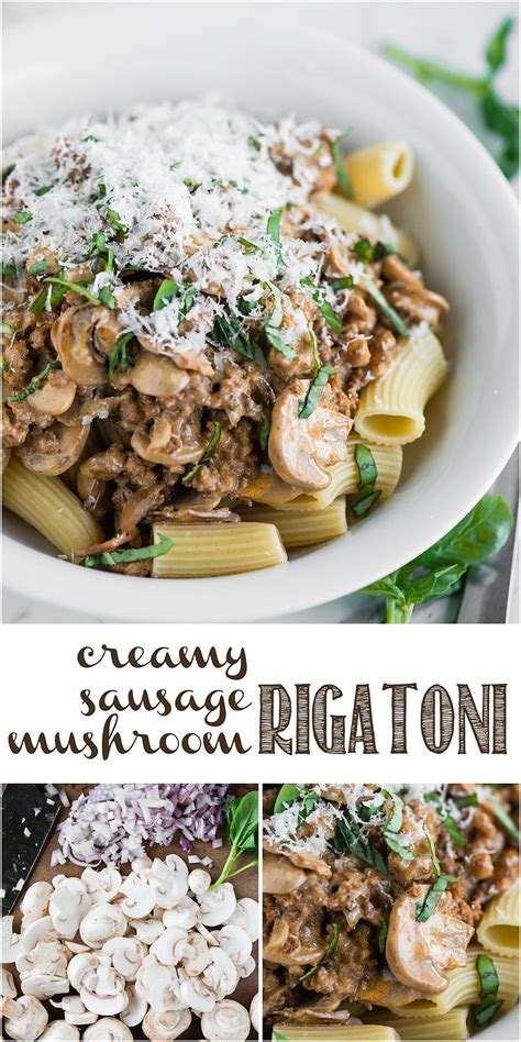 We prepared this penne pasta with chicken sausages, mushrooms, fresh spinach and grated mozzarella cheese. Creamy Sausage Mushroom Rigatoni is a simple Italian pasta ...