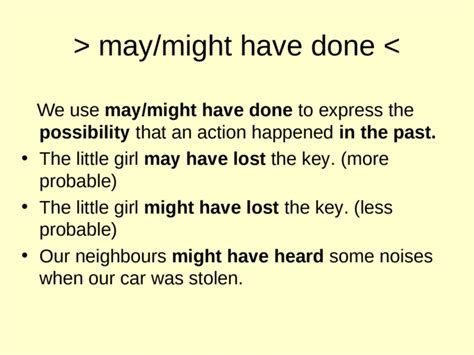 Each of these modal constructions have slightly different meanings, and that's what you will learn in this lesson. Perfect Infinitive with Modal verbs or Modal Perfect ...