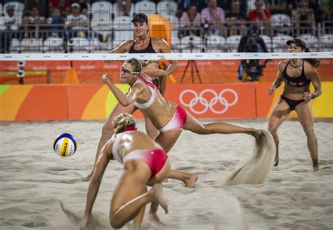 Two teams, positioned on either side of a net which divides a rectangular court, hit a volleyball, usually using the hands or arms. Rio Day 5: Canadian women defeat Swiss in beach volleyball ...