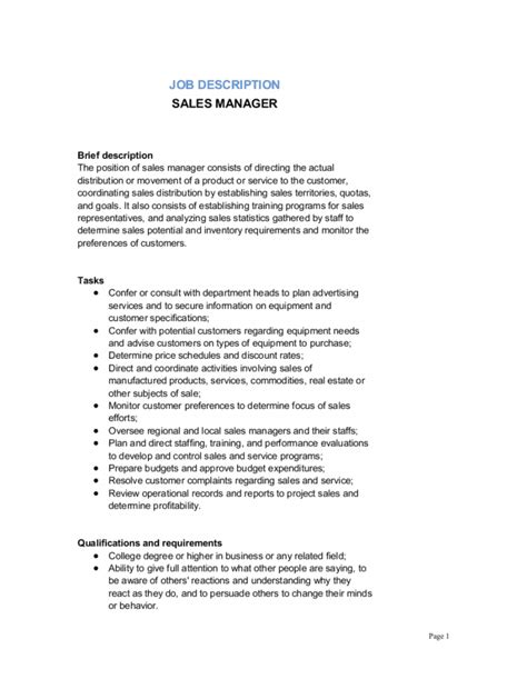 Sales manager job description direct and oversee an organization's sales policies, objectives and initiatives. Sales Manager Job Description Template