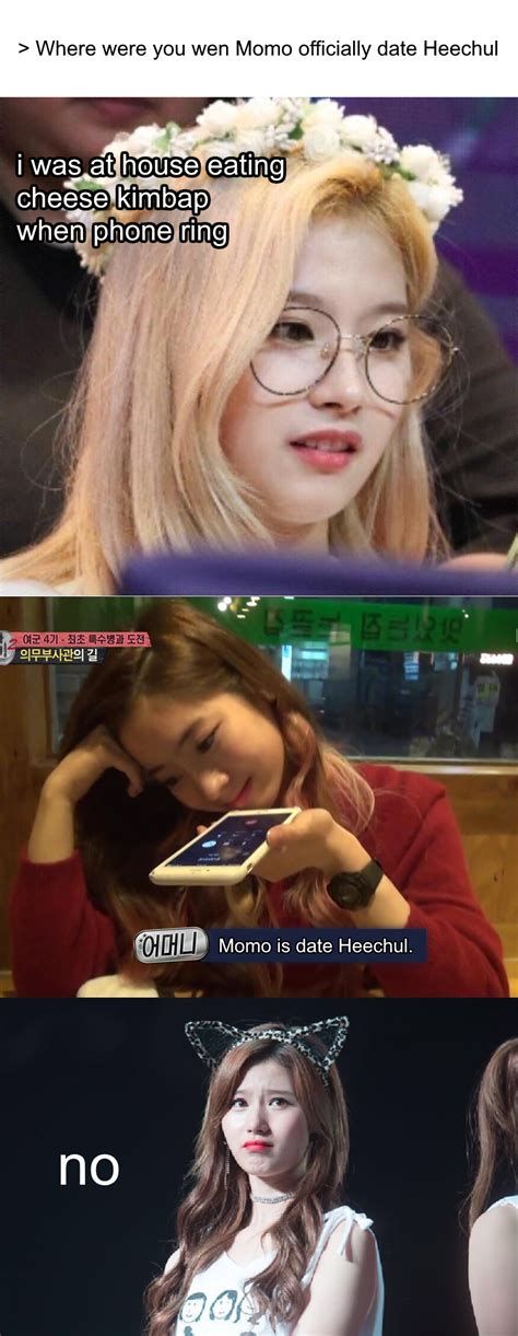 On the 8th, an entertainment official told star today, i know that kim heechul and momo broke up. the two were close friends in entertainment industry but developed into lovers and officially. momo is date heechul : twicememes