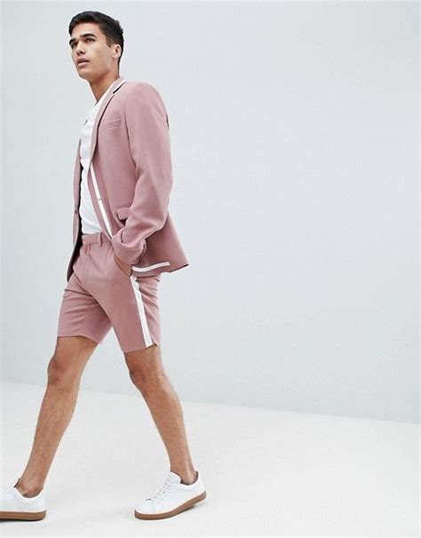 Shop for a range of men's suits, blazers, dress suits and mix and match suit jackets & suit pants. ASOS DESIGN skinny suit shorts in pink with white trim ...