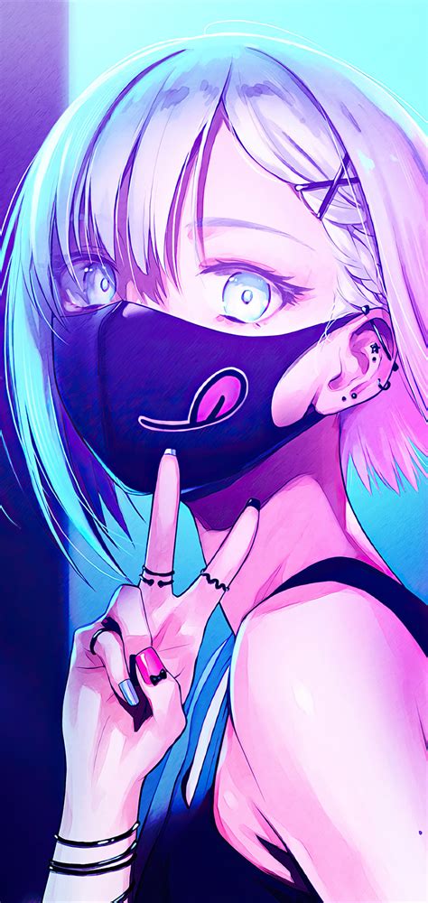 Hd wallpapers and background images 1080x2280 Anime Girl City Lights Neon Face Mask 4k One ...