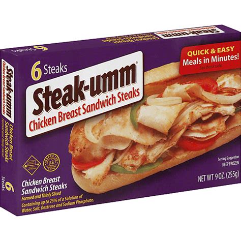 They cook up quickly and are tasty on their own or dressed up with sauteed onion and melted cheese on a fresh roll for a heartier flavor. Steak-Umm Chicken Breast Sandwich Steaks - 6 Ct | Meat, Seafood & Poultry | Shop n Save
