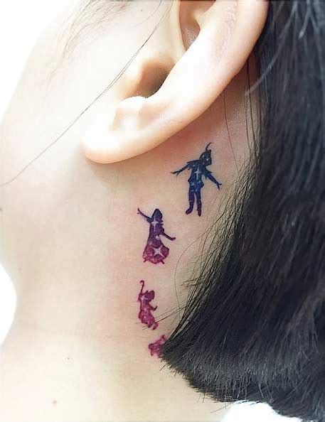 This peter pan themed mobile is composed of a 4 little flying characters, a large crescent moon with the second star to the right shining amidst small grey clouds and pastel yellow stars. 25 Cute Disney Tattoos That Are Beyond Perfect | Page 2 of ...