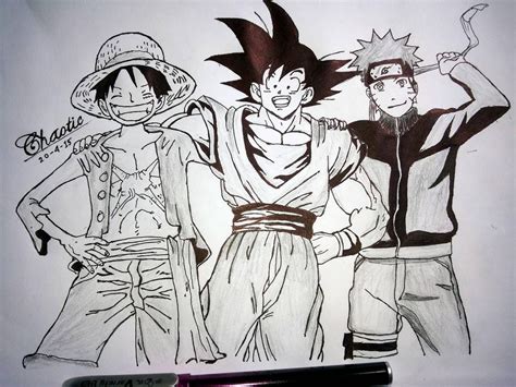 Naruto from naruto shippuden, ichigo from bleach, goku from dragonball z, natsu from fairy tail and luffy from one piece. Luffy~Goku~Naruto by MRChaoticTemptation | Luffy, Goku, Naruto