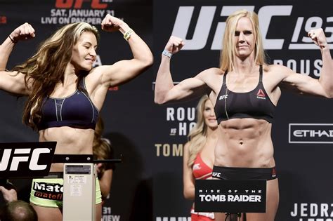 Axs tv vet and former legacy fights champ holly holm is set to defend her title at ufc 196. Miesha Tate (L), Holly Holm (R)