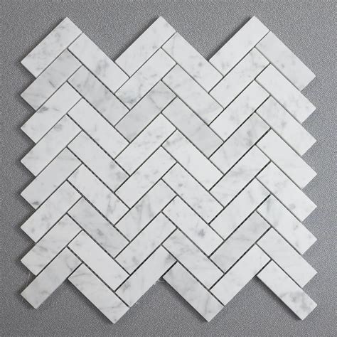 White marble subway tile kitchen backsplash, bathroom walls, countertops, tub. Carrara White 1x3 Herringbone Marble Mosaic in 2020 ...