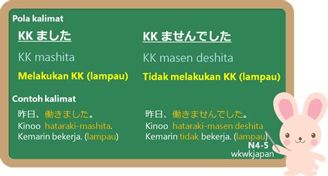 Dalam pembentukan kalimat simple past tense yang menggunakan kata kerja, rumusnya berbeda dengan kalimat yang tidak menggunakan kata kerja. KK + masu / masen / mashita / masen deshita 「ます / ません / まし ...