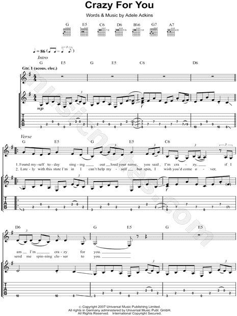 It features characters who want to live from their music and who have adventures in a fantastic universe. Adele "Crazy for You" Guitar Tab in G Major - Download & Print - SKU: MN0102045