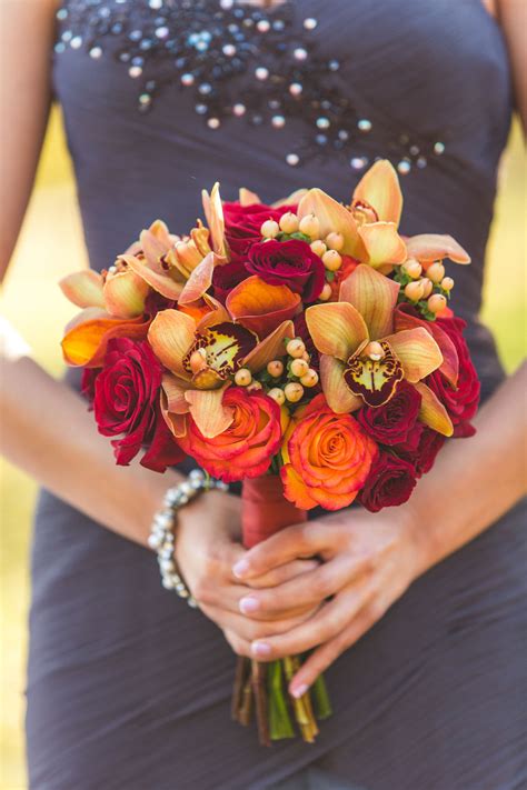 11 w x 11 h Red and Orange Rose, Calla Lily and Orchid Maid of Honor ...