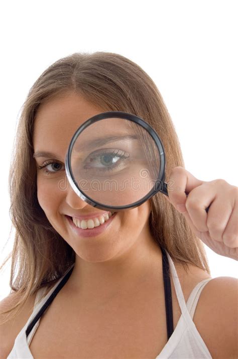 Magnifying glass headset for modeling and other crafts that helps the vision of small parts and allows to work with greater precision. Smiling Model Holding Magnifying Glass Stock Photo - Image ...