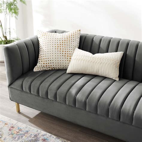 The sofa beautifully styled and consciously crafted using materials, makes a welcome addition to any living space. Shift Channel Tufted Performance Velvet Sofa in Gray ...