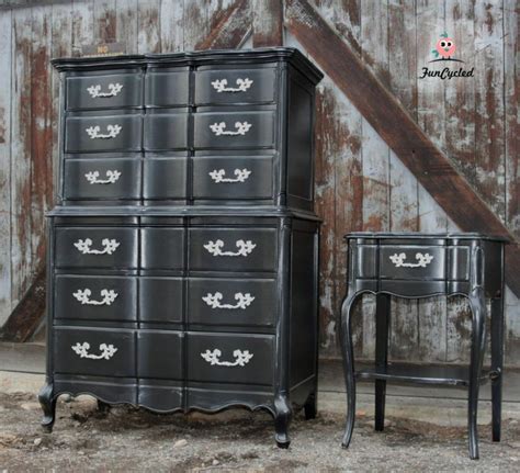 The set is painted & distressed in a smokey grey chalk paint with crisp white pulls. Black French Provincial High Boy Dresser Set For Sale ...