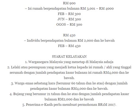 Sebarang perubahan jadual pembayaran akan dimaklumkan dari semasa ke bagi kategori 3 iaitu individu berpendapatan rm2,000 ke bawah, pembayaran br1m 2017 akan dibuat pada bulan februari sebanyak rm450. JAdual Tarikh Pembayaran BR1M 2017. (MOHON SHARE ...