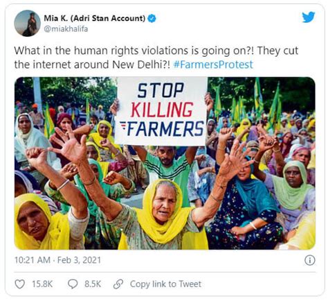 Mia khalifa tweets in favour of farmers' protest mia's tweet comes following tweets by international pop sensation rihanna and environmental activist greta thunberg expressing their concern for the protesting farmers. Lebanese-American Model Mia Khalifa Supported Farmers Protest On Twitter